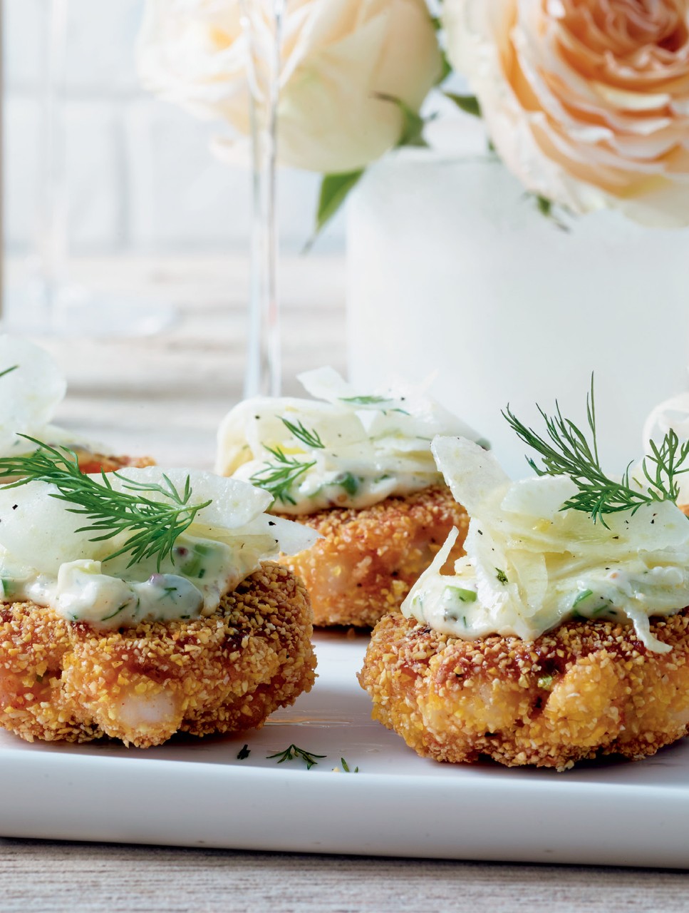 Shrimp Cakes with Dill Remoulade & Fennel Slaw