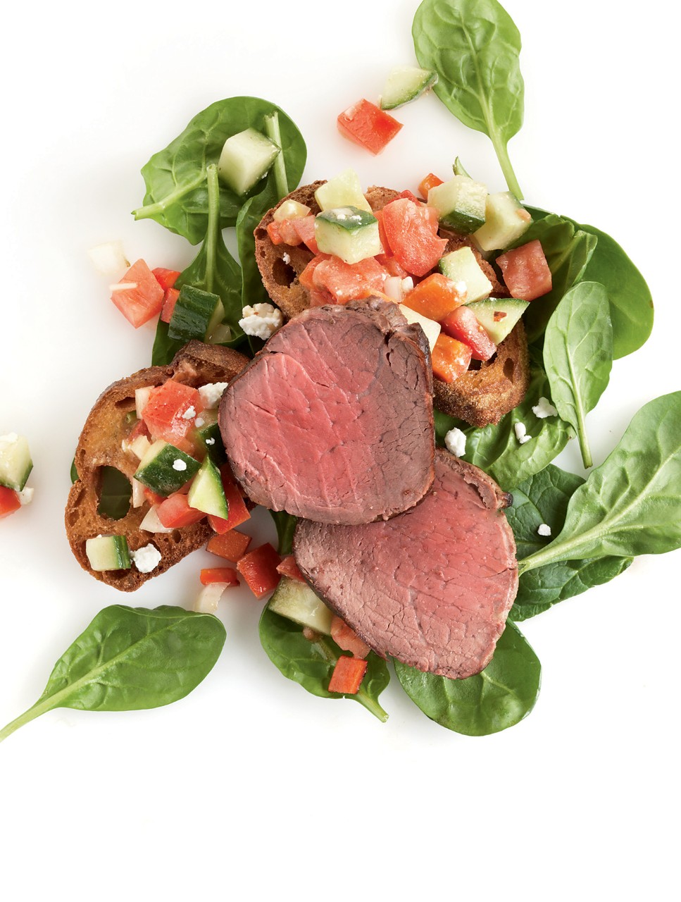 Seared Beef & Spinach Panzanella Salad with Feta Dressing