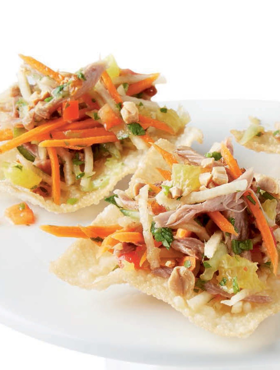 Grand Marnier-Marinated Pulled Duck with Asian-Style Slaw on Crispy Won Tons