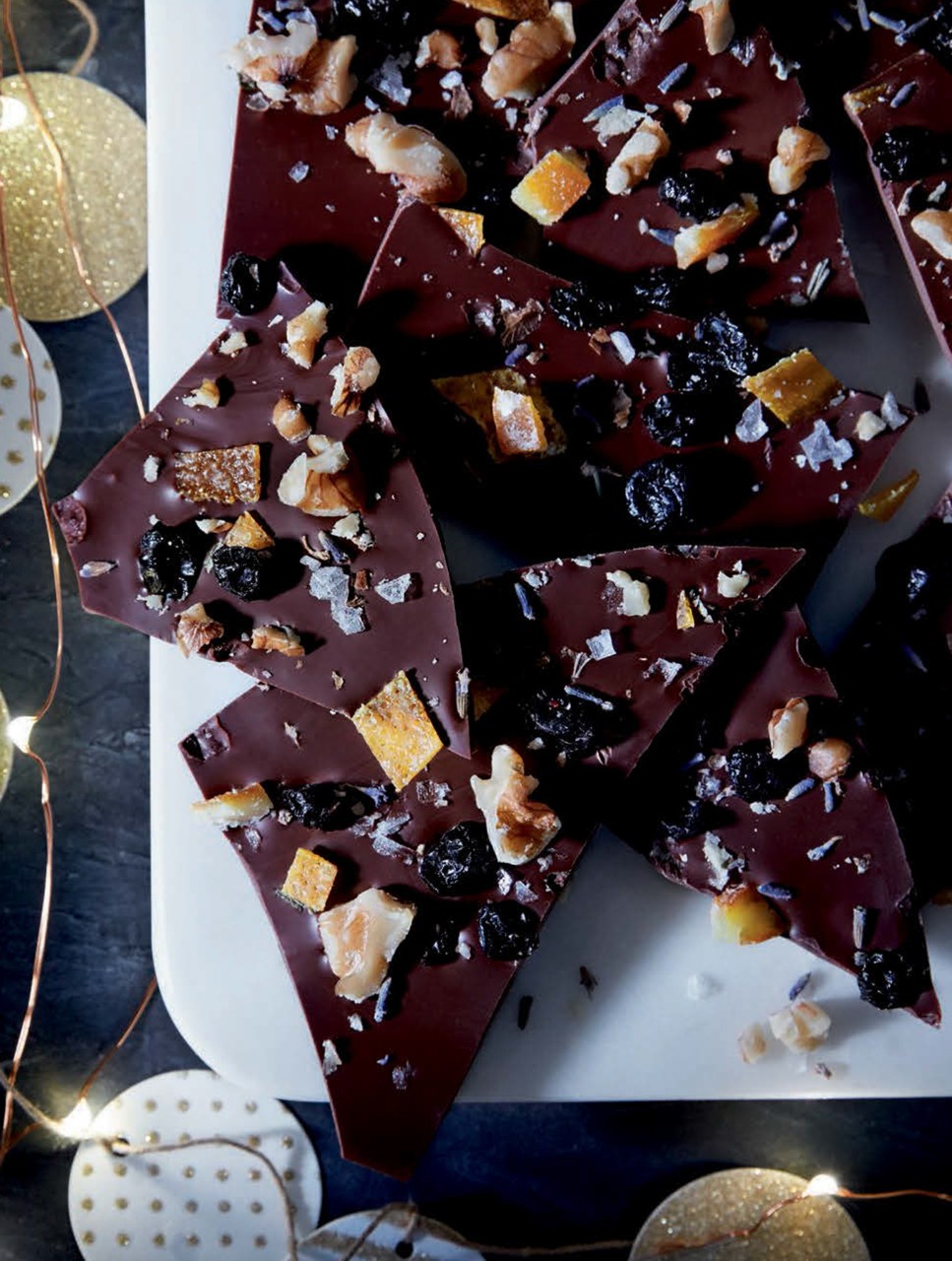 Chocolate Bark with Lavender & Dried Blueberries