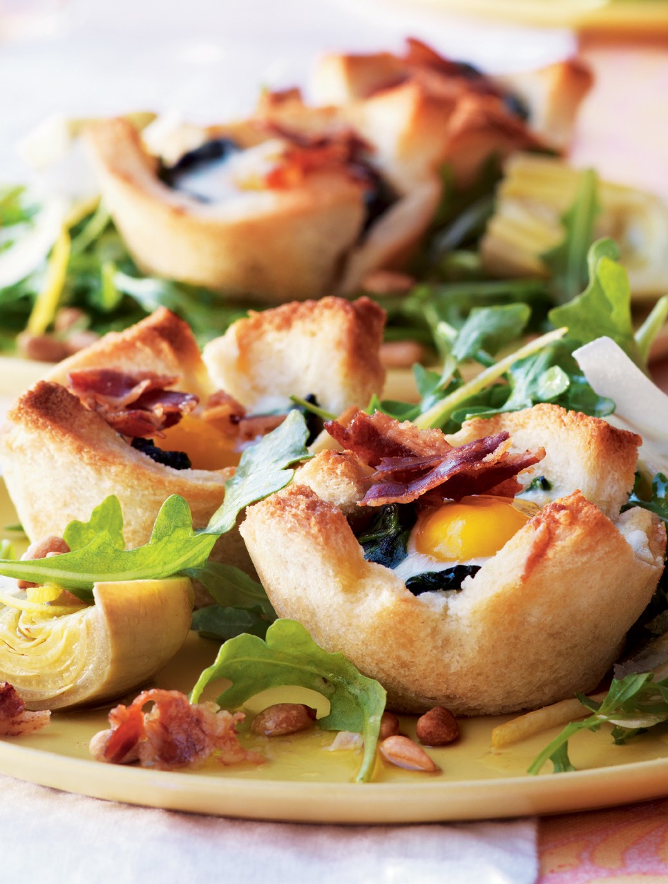 Eggs Baked in Toast Cups with Spinach, Asiago & Pancetta