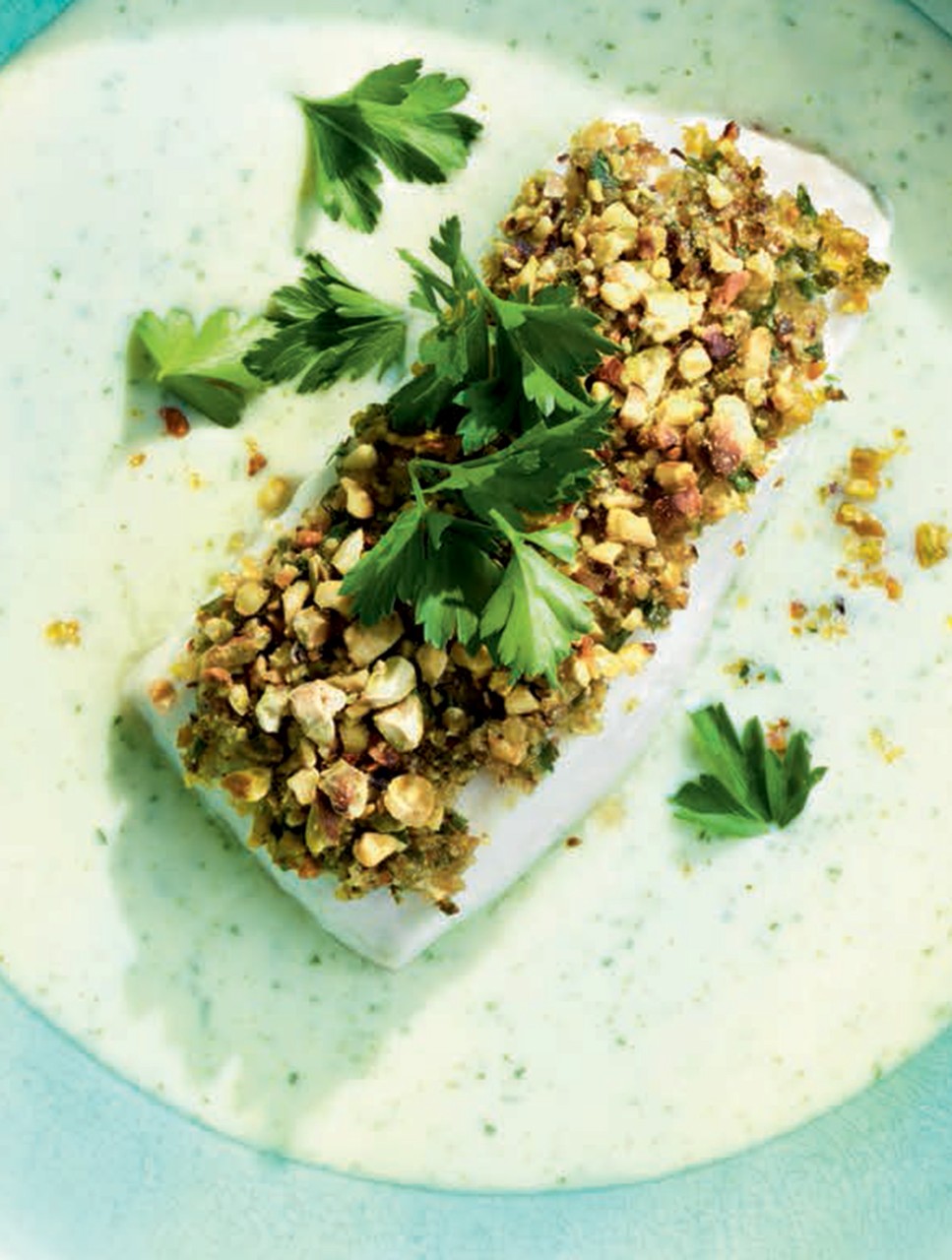 Pistachio-Crusted Halibut on Green Onion Vichyssoise
