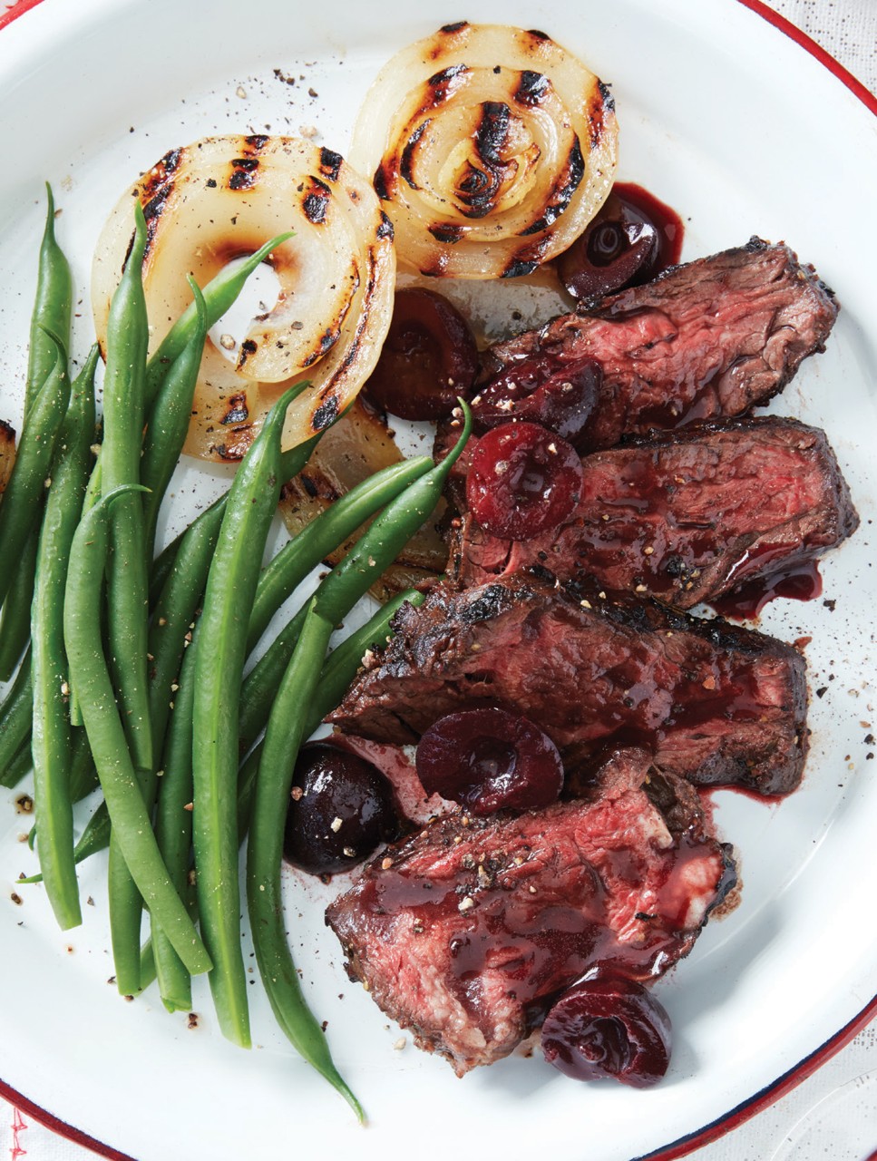 Hanger Steak with Grilled Onions & Sweet and Sour Cherries