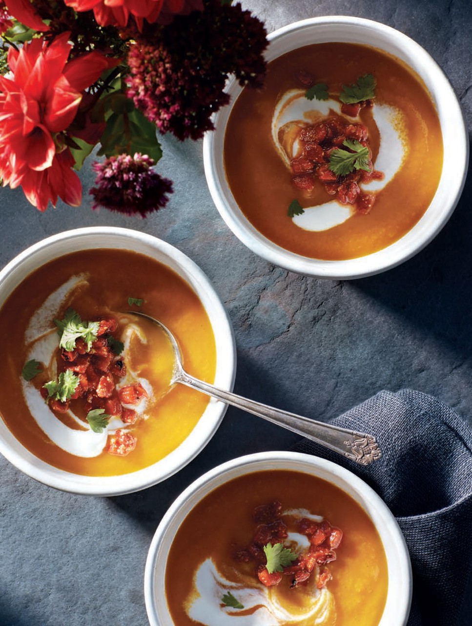 Moroccan Carrot Soup with Harissa Relish and Yogurt