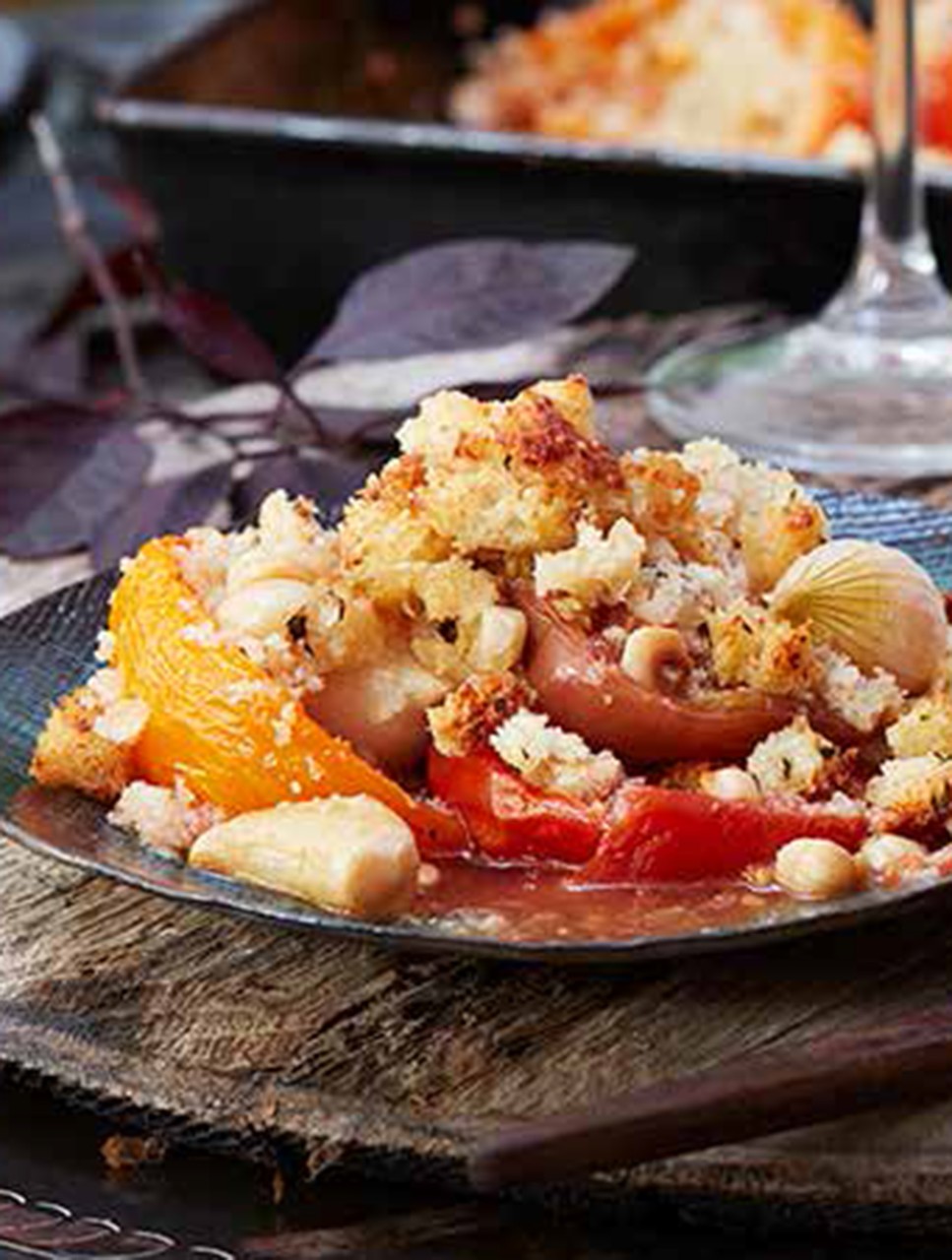 Savoury Tomato & Onion Crumble with Ontario Hazelnuts, Pine Nuts & Buttery Panko Crust