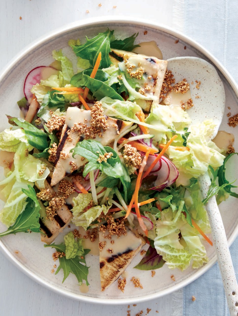 Asian Greens Salad with Grilled Tofu, Miso Dressing & Soy-Glazed Sesame Seeds
