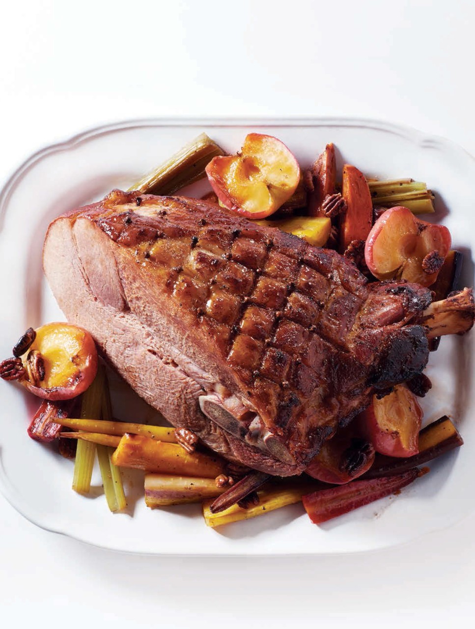 Easter Ham with Roasted Veggies, Apples & Pecans in a Spicy Rye-&-Maple Glaze