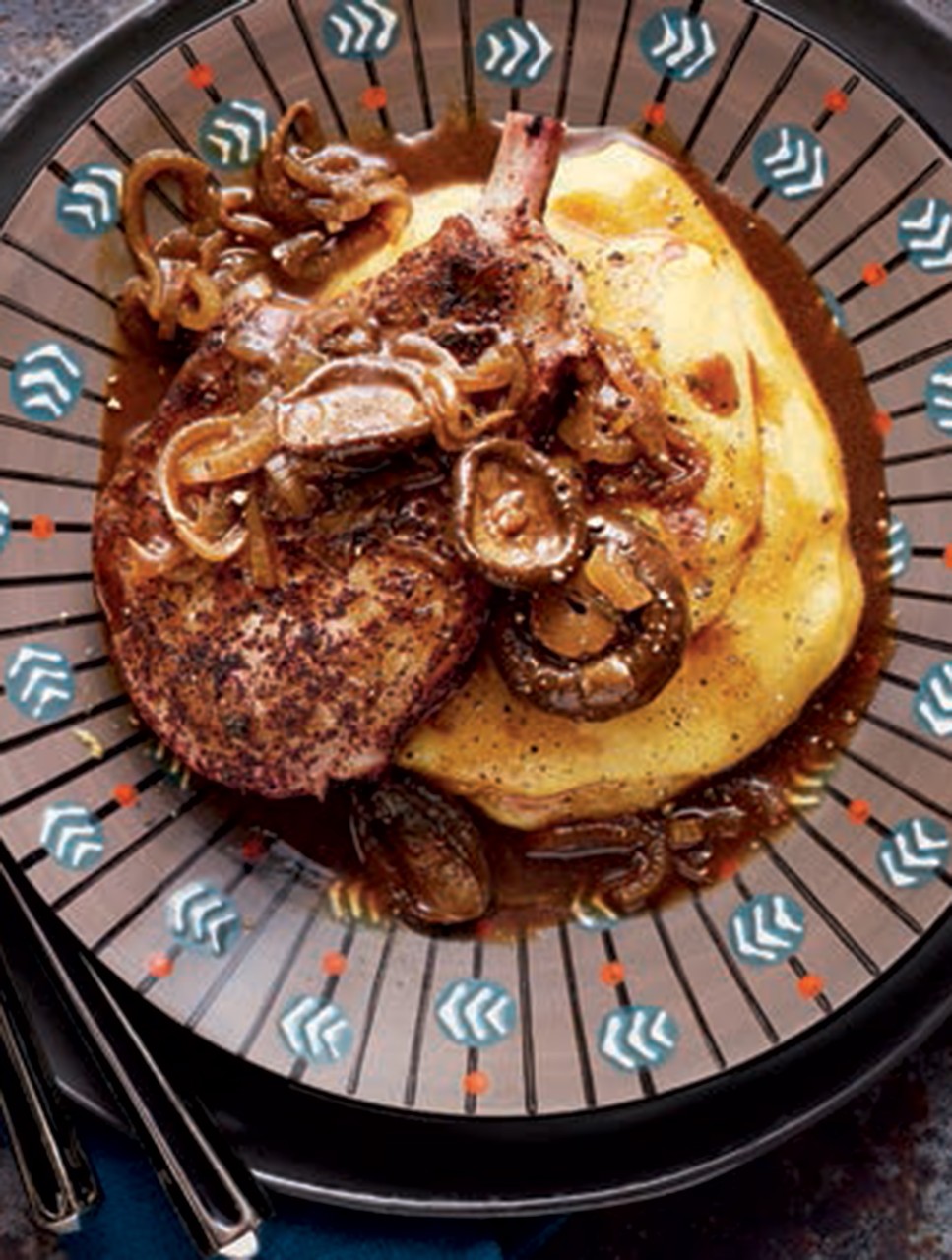Sumac-Rubbed Pork Rib Chops with Stout-&-Mushroom Sauce