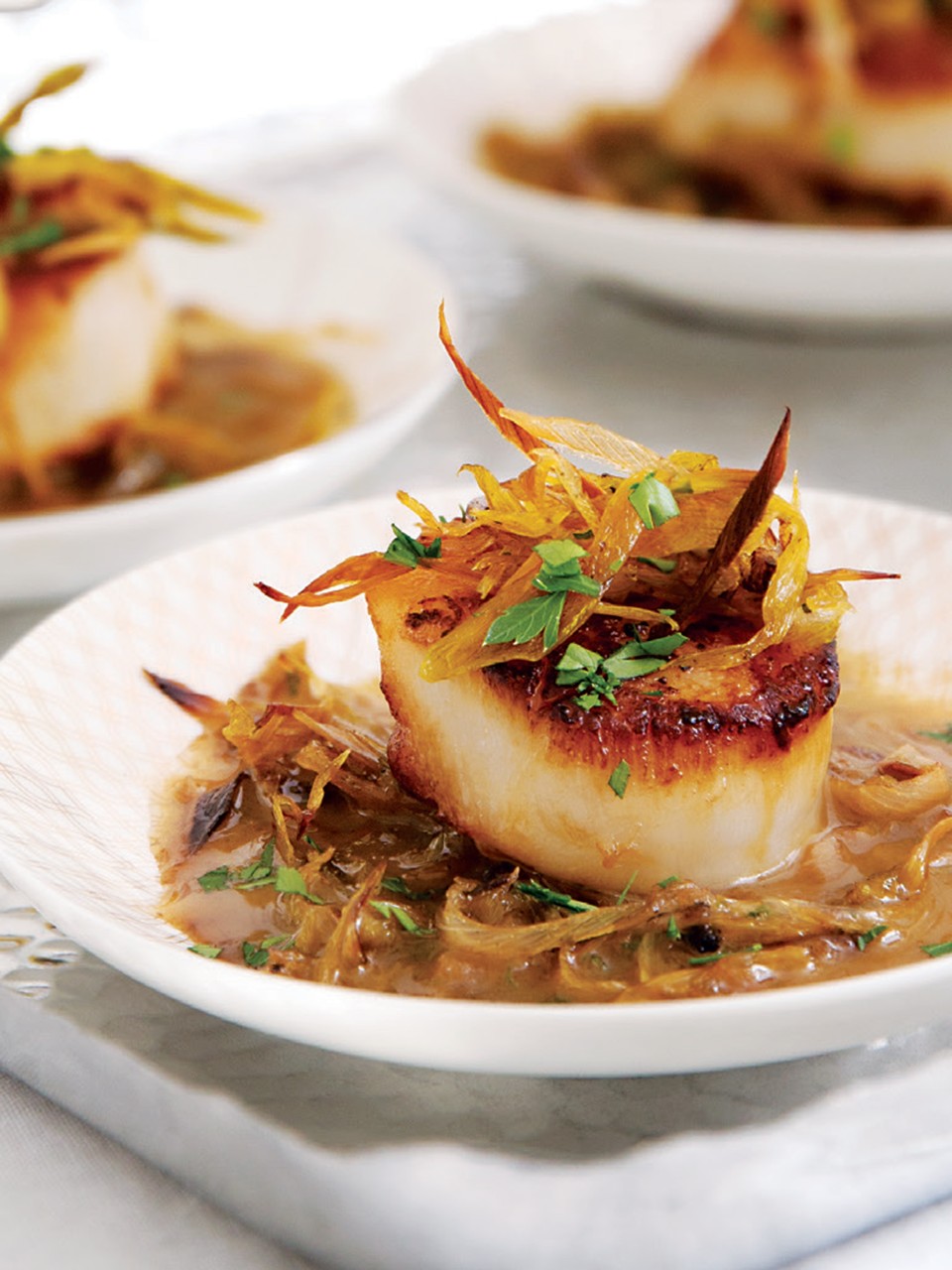 Seared Scallops with Ginger, Lime & Crispy Leeks