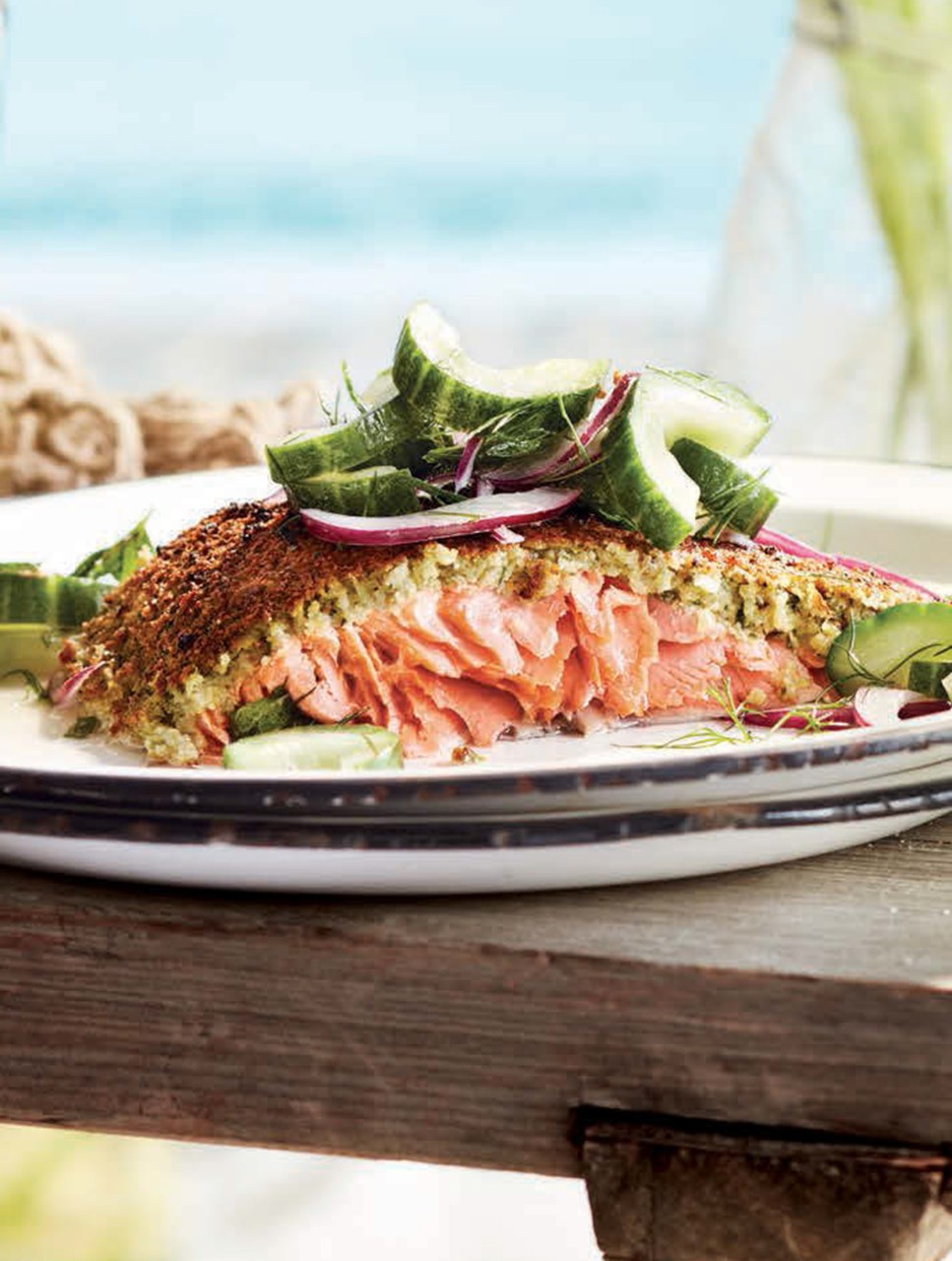 Falafel-Crusted Salmon with Herbed Cucumber Salad