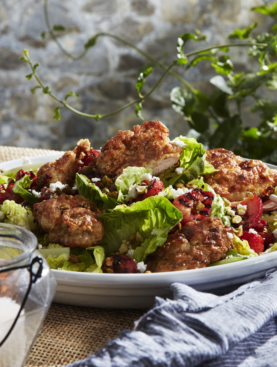 Strawberry Salad with Goat Cheese, Pistachio and Oven-Fried Chicken Thighs