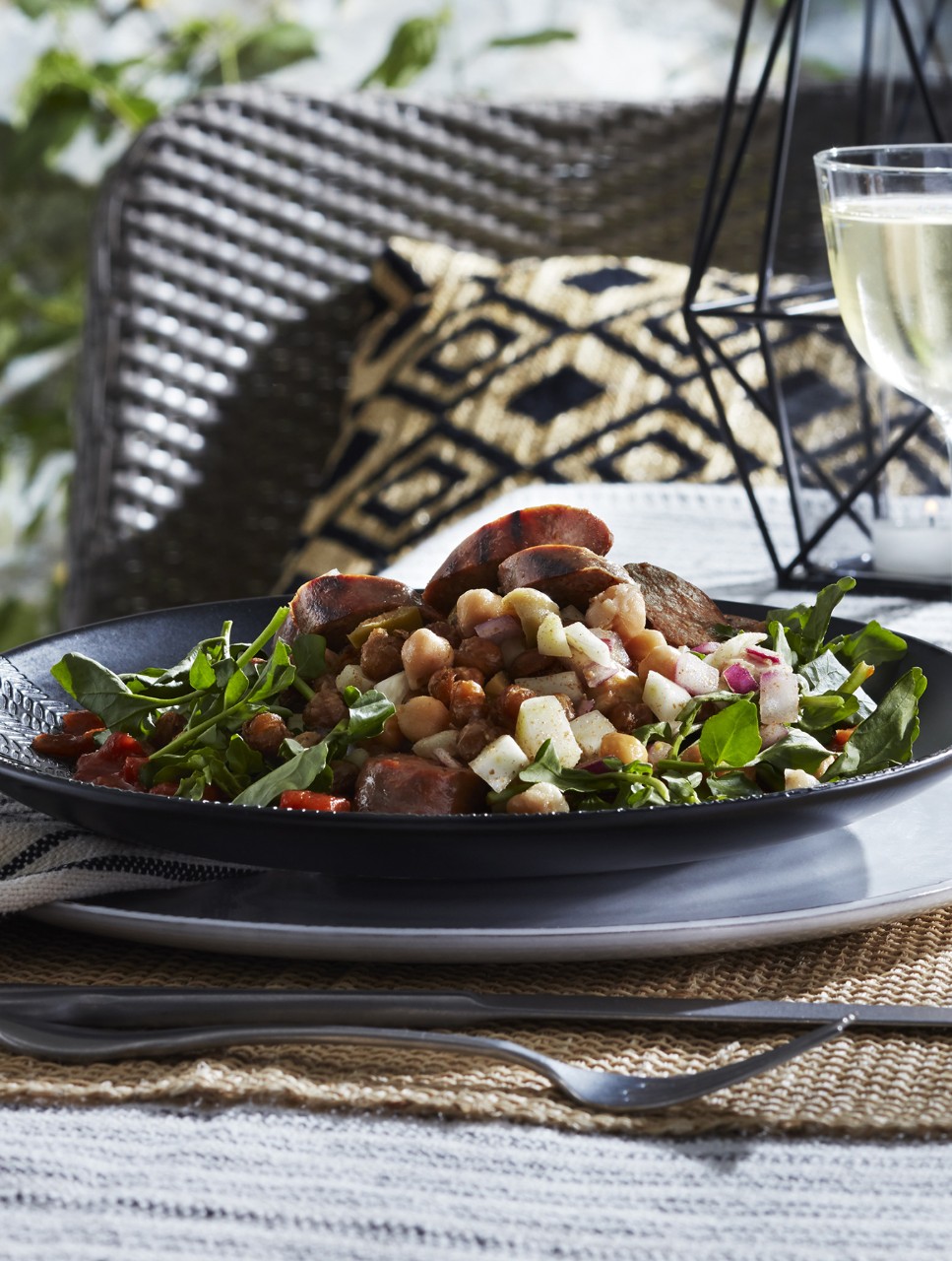 Chickpea Salad with Grilled Chorizo and Salsa Rosso
