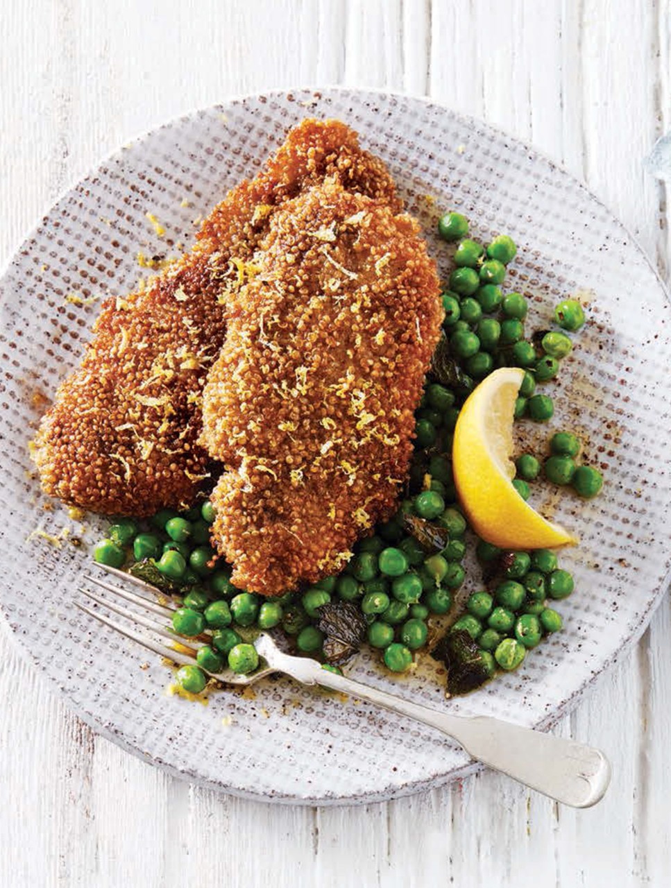 Quinoa-Crusted Pork Cutlets with Peas & Mint