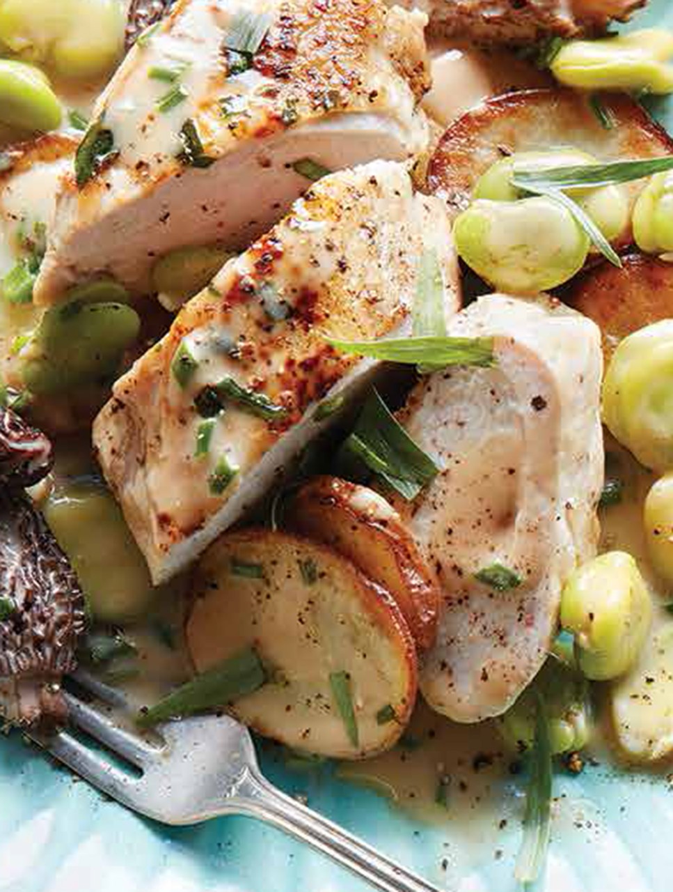 Pan-Roasted Chicken Breast with New Potatoes, Fava Beans & Morels