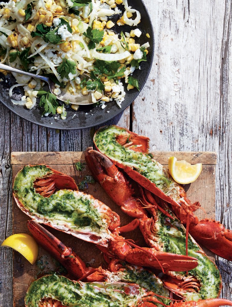 Cedar-Plank Lobster with Grilled Corn & Shaved Fennel Salad