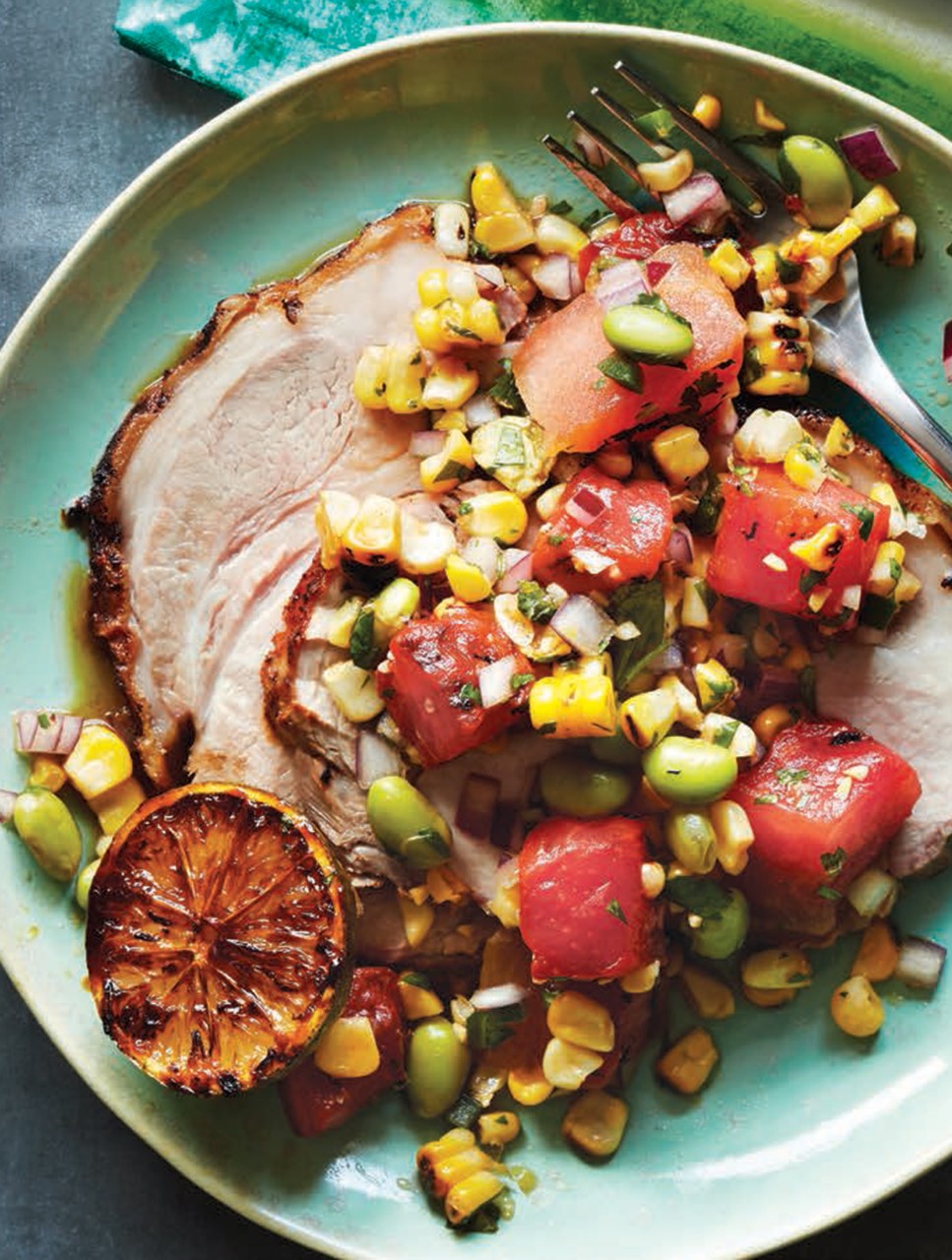 Grilled Pork Loin with Grilled Watermelon, Grilled Corn, Edamame & Lime Salsa