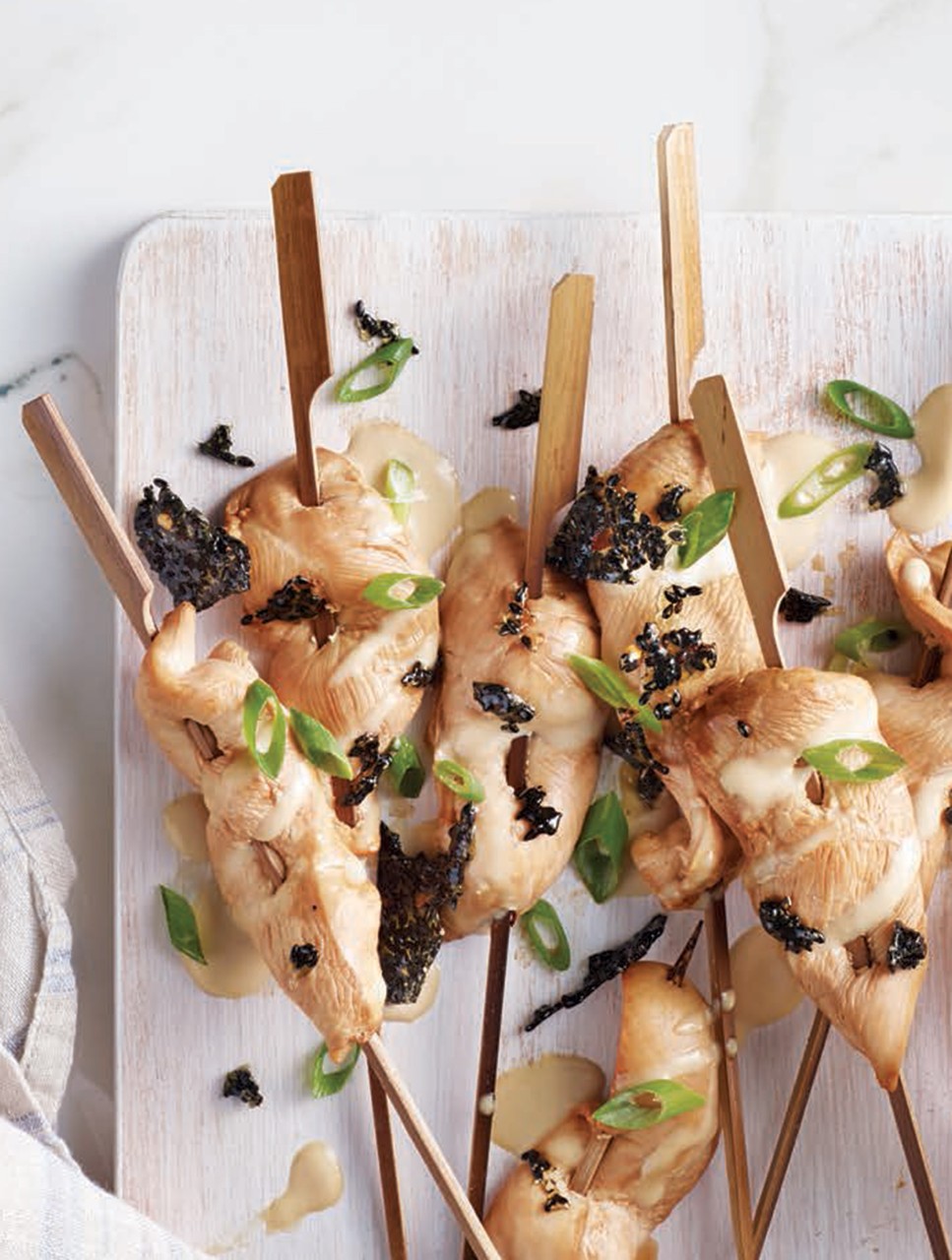 Chicken-Tahini Satay with Spicy Black Sesame Brittle