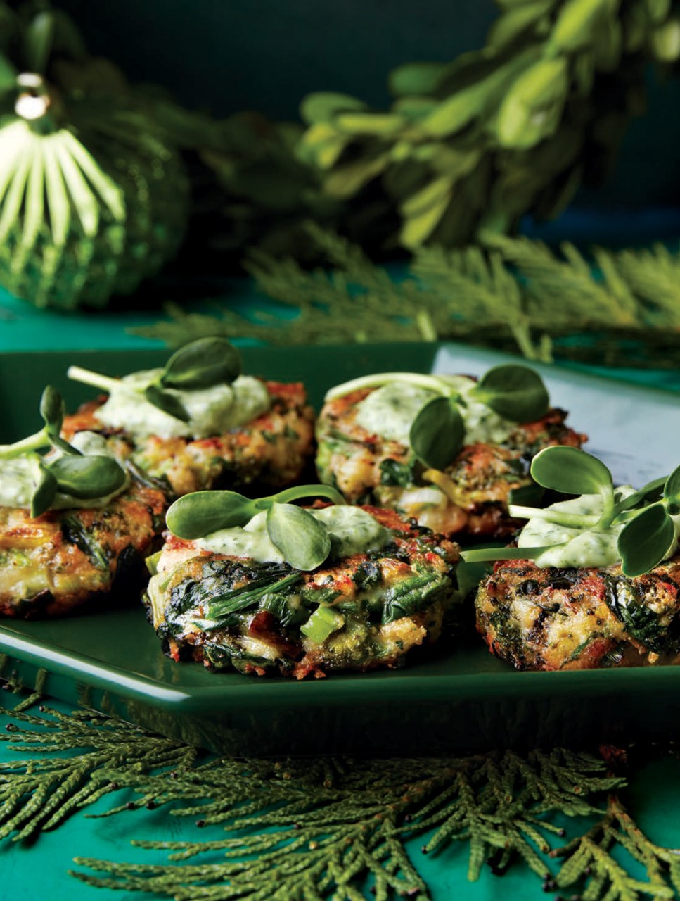 Charred Broccoli & Spinach Fritters with Green Goddess Dressing
