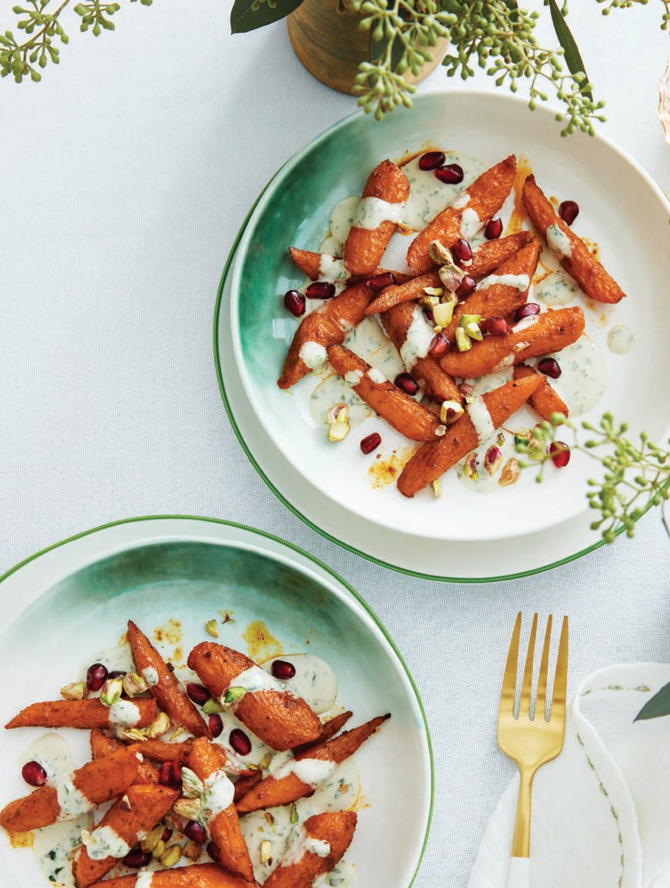 Roasted Carrot Salad with Herbed Tahini, Pomegranate Seeds & Pistachios