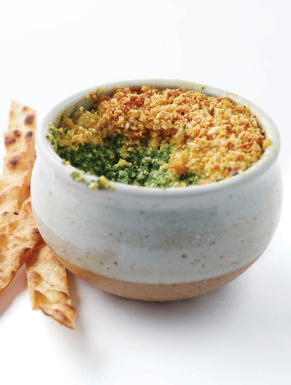 Honey Brown Lager-Spiked Warm Curried Spinach & Ricotta Dip with Crunchy Panko Topping