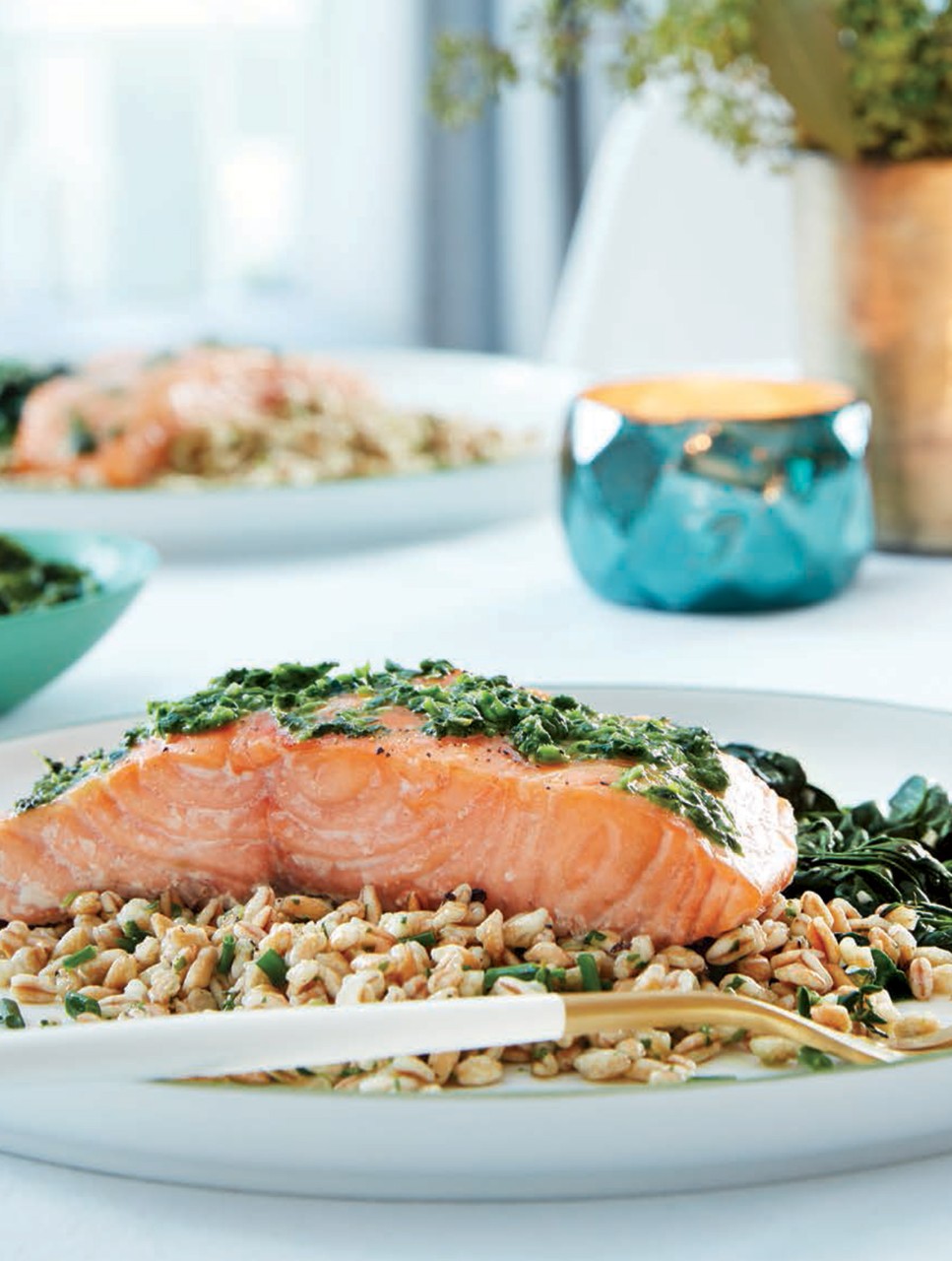 Roasted Salmon with Watercress Pesto, Farro Pilaf and Spinach with Garlic & Shallots
