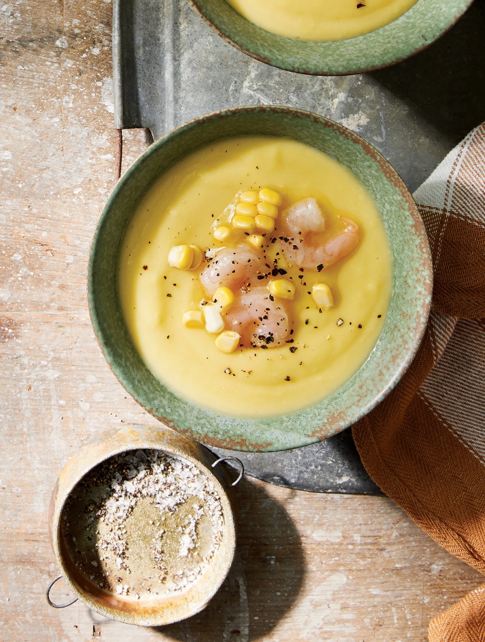 Sweet Miso Corn Soup with Bay Shrimp