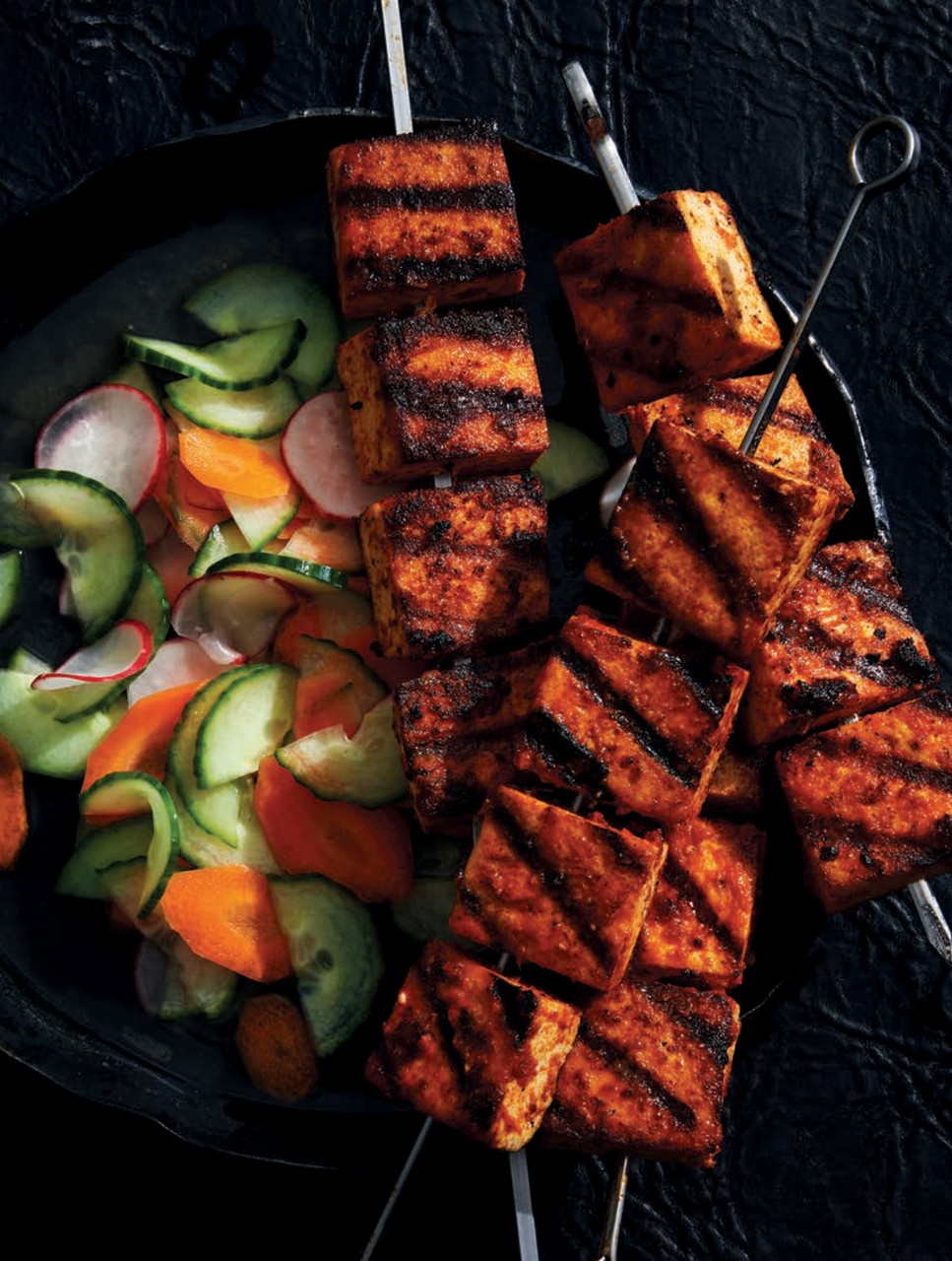 Spicy Grilled Tofu Skewers with Quick-Pickled Vegetables