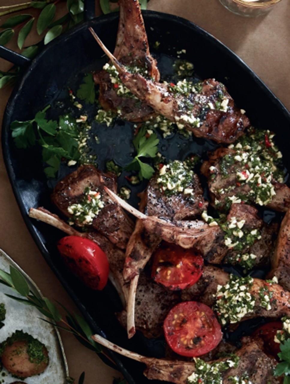 Grilled Lamb Chops & Tomatoes with Cashew Chimichurri