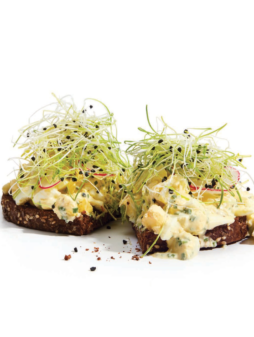 Tartine of Egg Salad with Onion Sprouts & Radishes