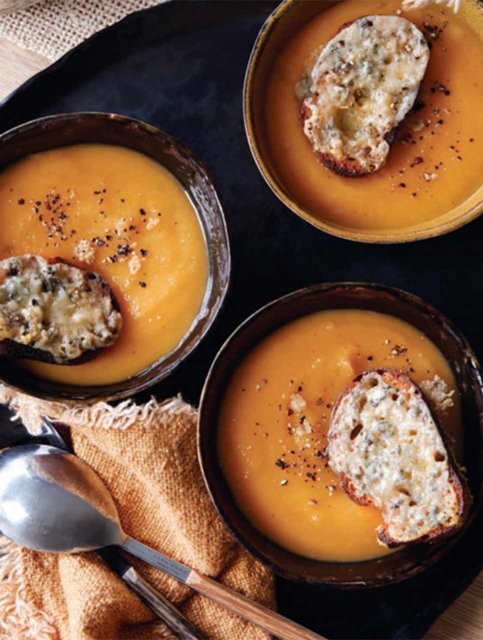 Roasted Squash & Parsnip Soup with Stilton Toasts
