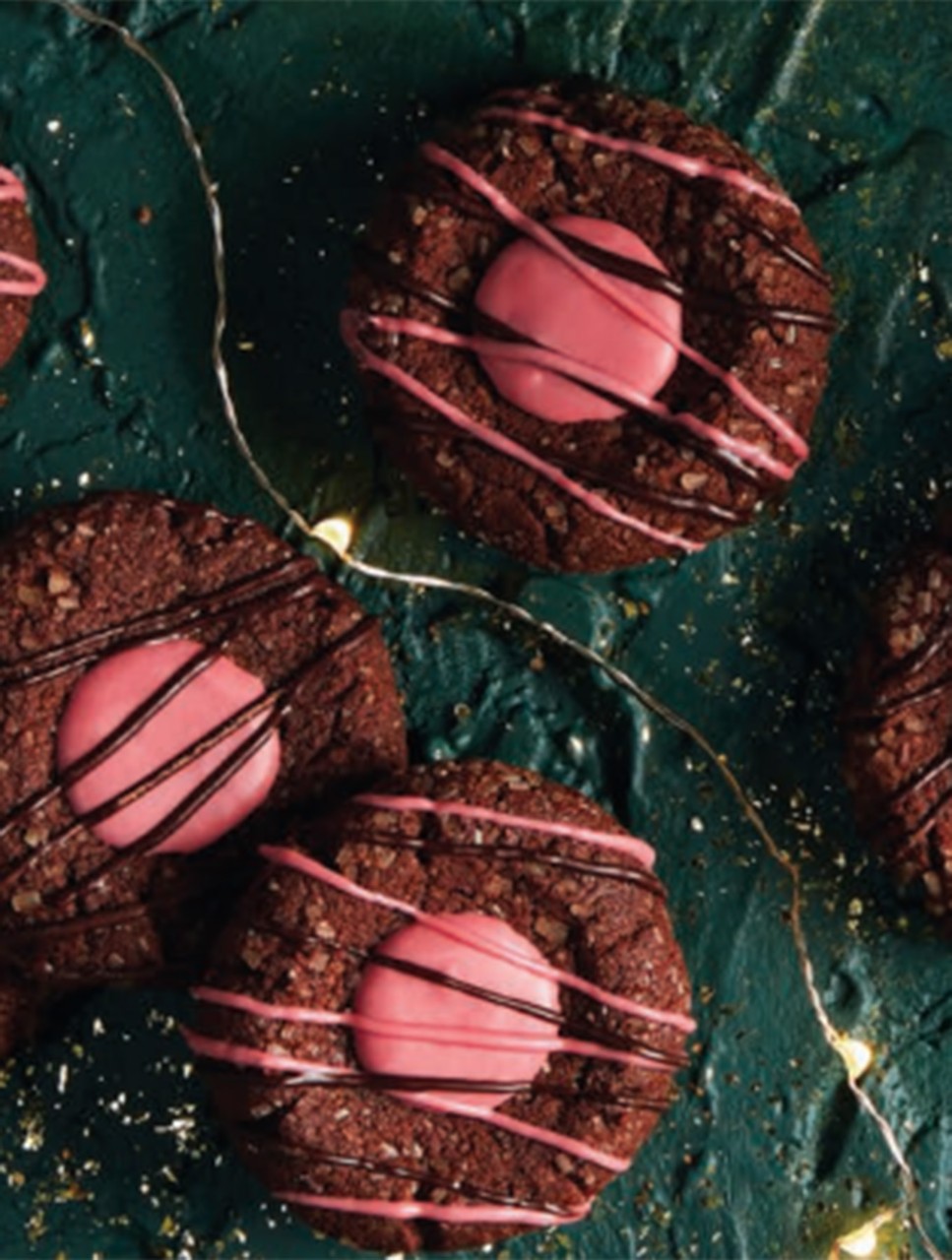 Sparkling Triple Chocolate Thumbprints with Ruby Centres