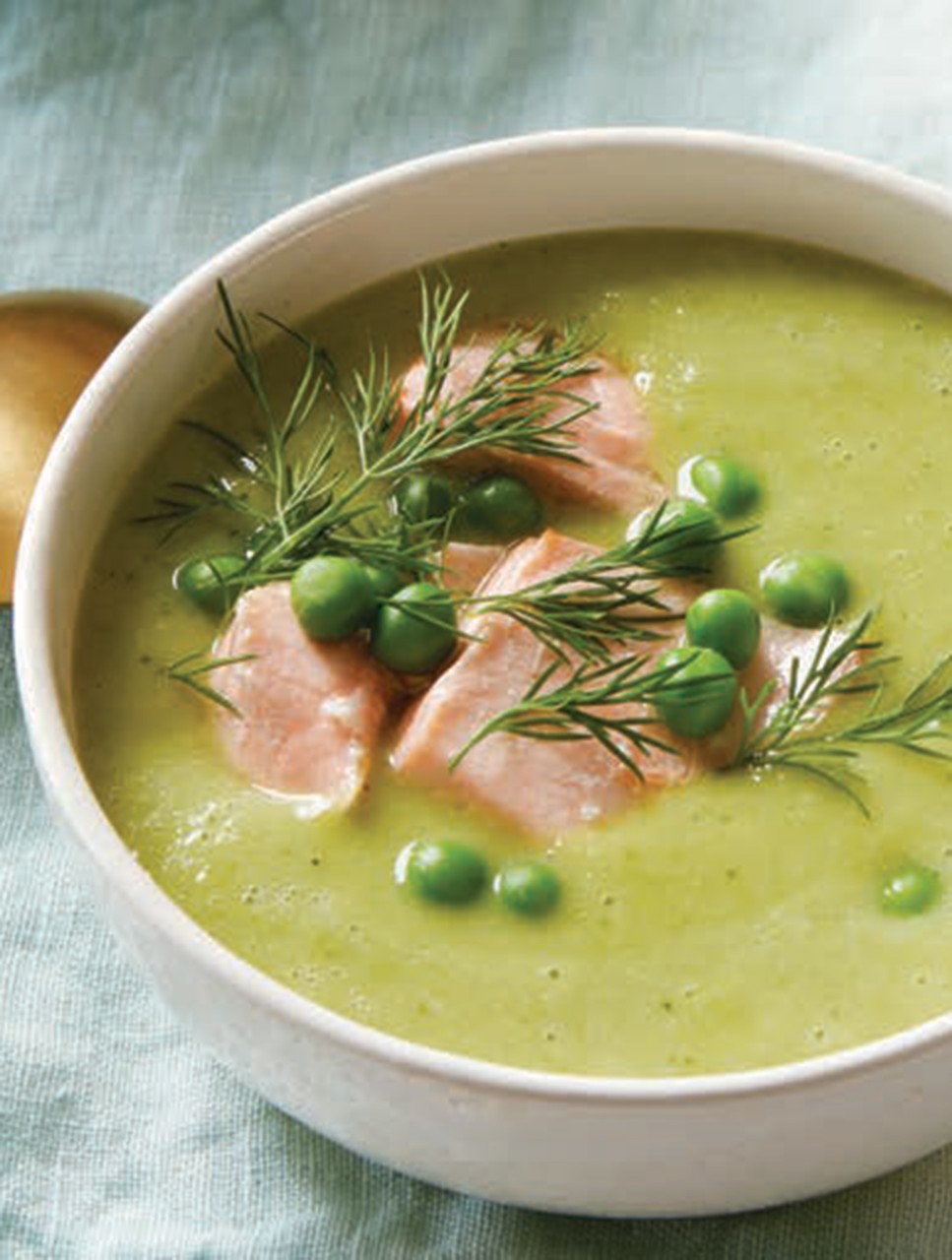Leek & Pea Soup with Poached Salmon