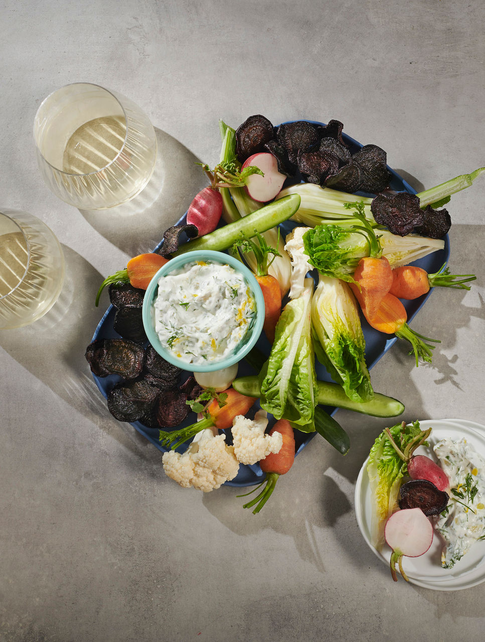 Lighter-Style Dill Pickle Chip Dip with Homemade Beet Crisps & Winter Crudité