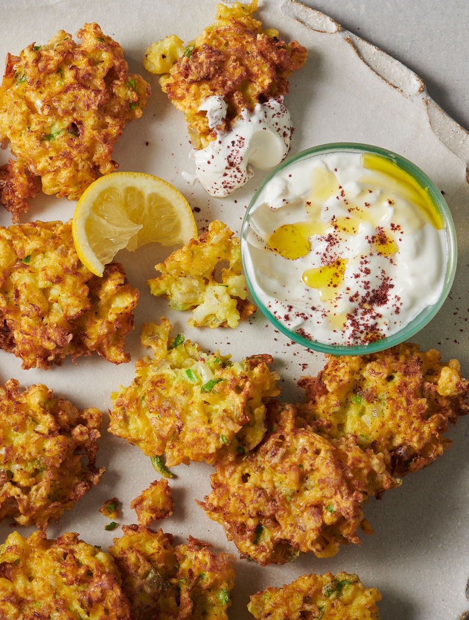 Cauliflower Stem and Leaf Fritters with Garlicky Yogurt Dip