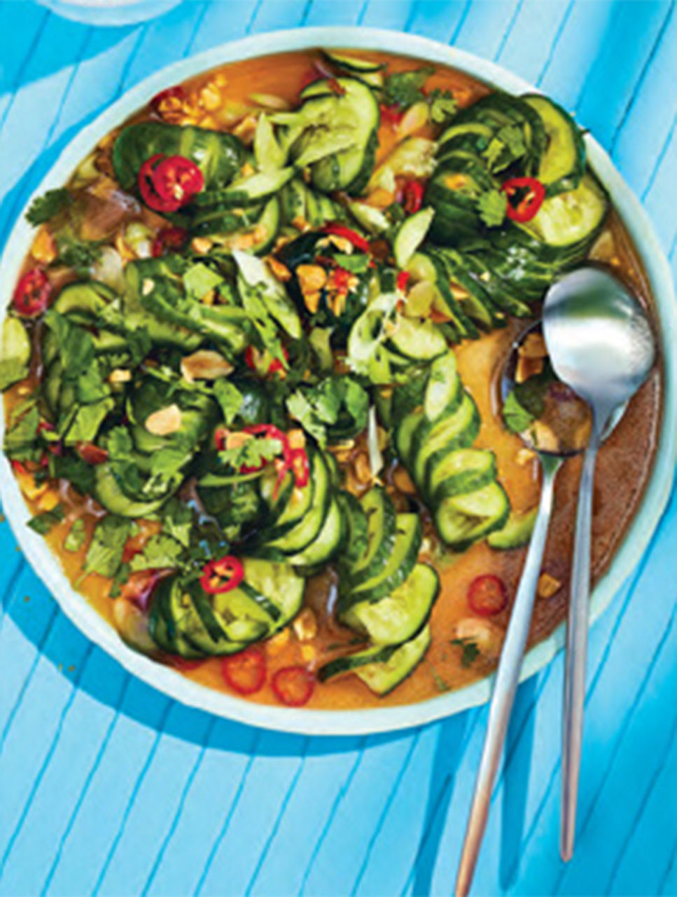 Spiral Cucumber Salad with Cilantro, Peanuts and Fish Sauce Dressing