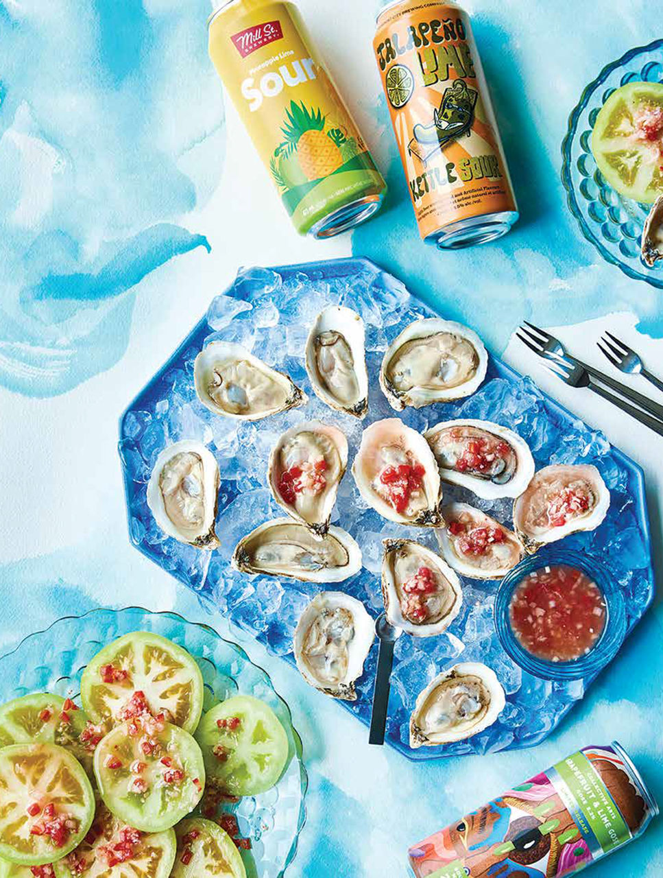 Oysters & Green Tomato Salad with Spicy Red Tomato Mignonette