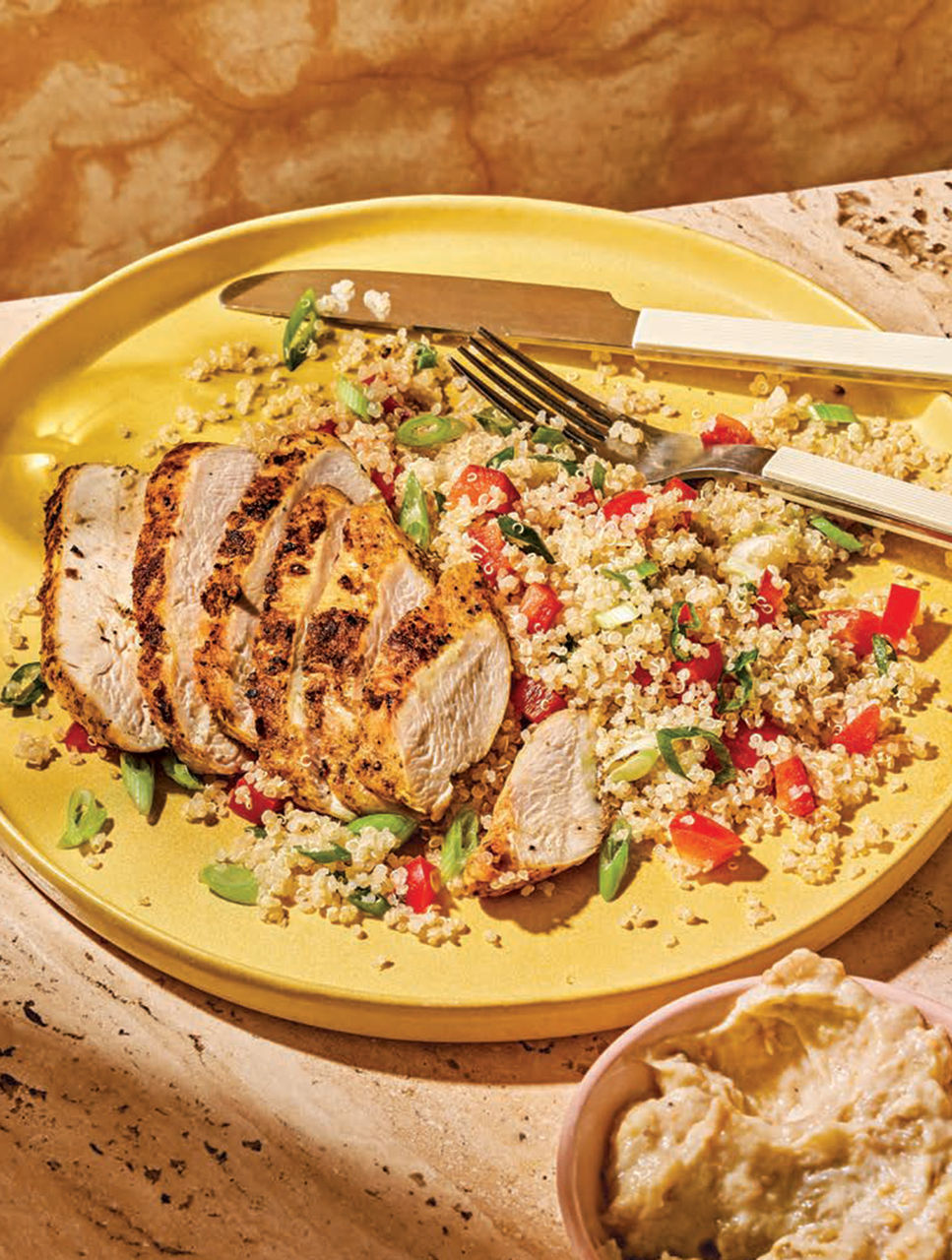 Curried Chicken Breast with Quinoa Salad and Baba Ghanouj
