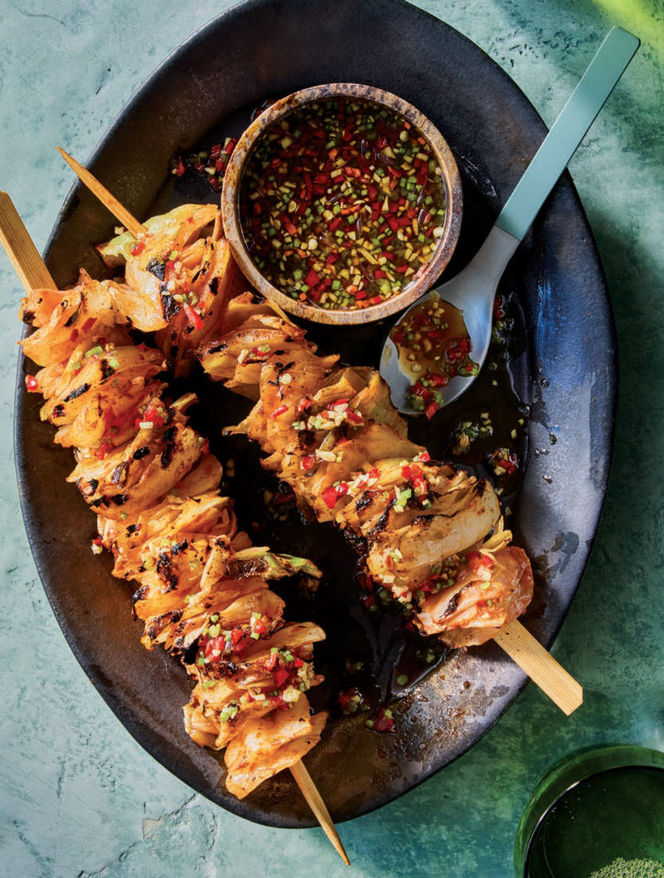 Grilled Red Curry Cabbage Skewers with Nam Jim Dressing