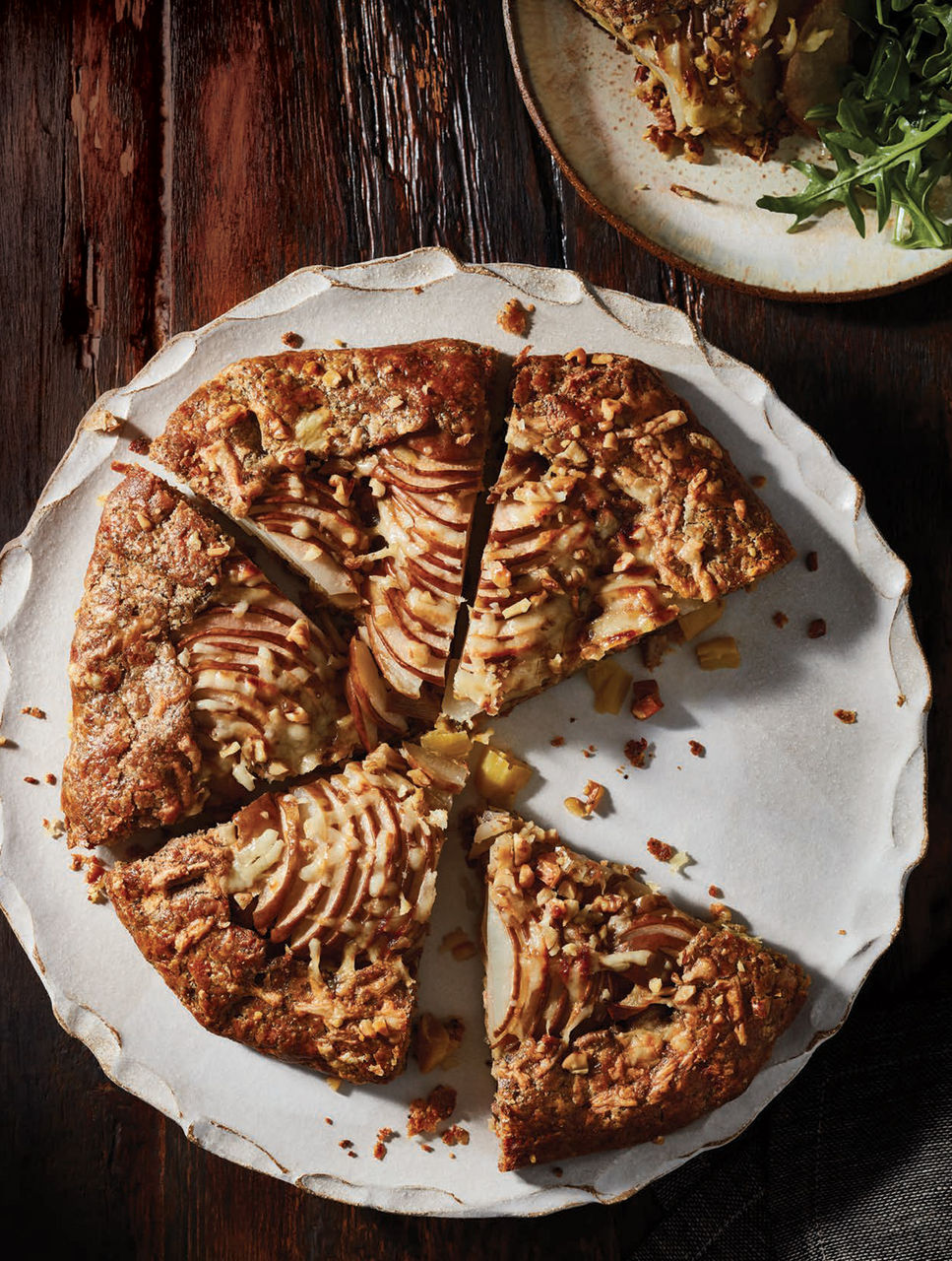 Galette de seigle aux poires, aux poireaux et à la pancetta