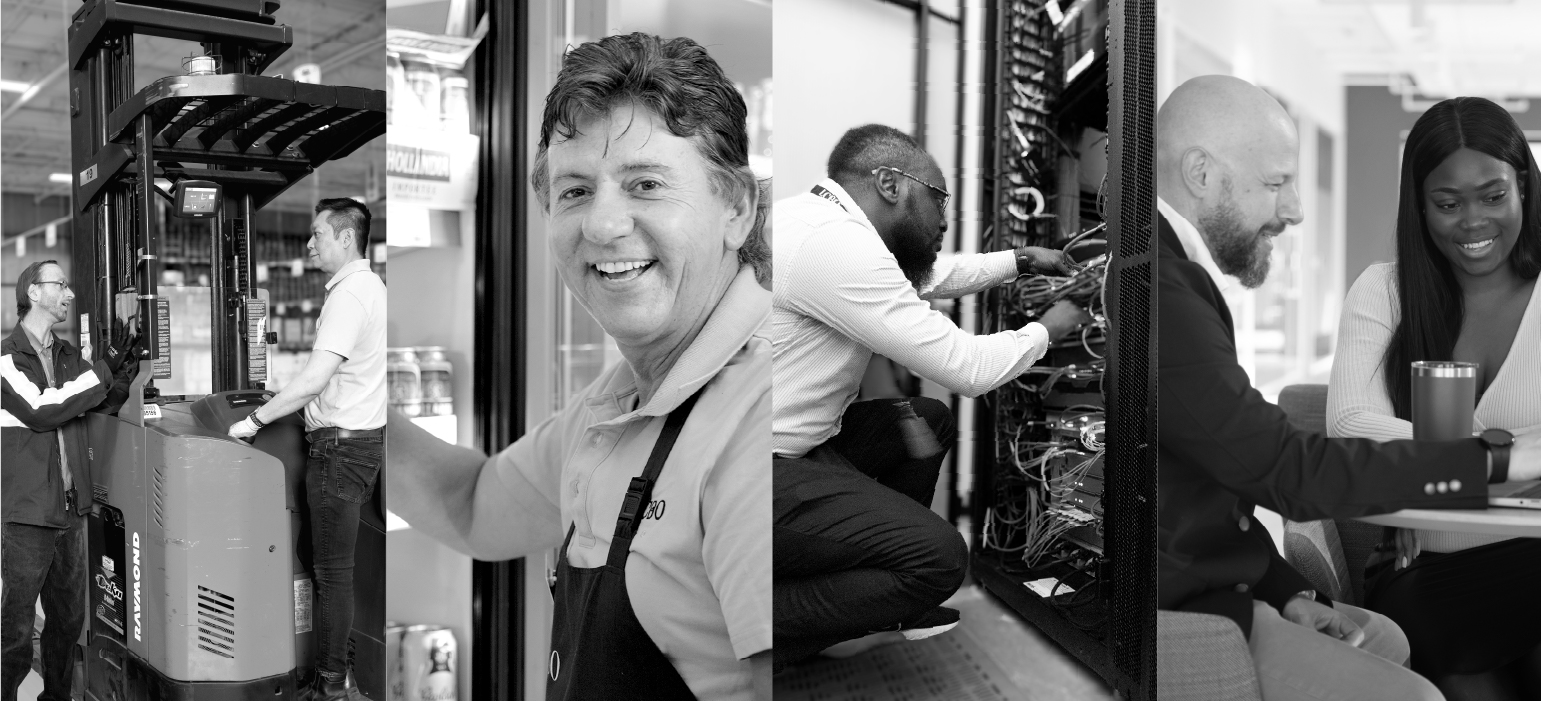 A black and white photo with 4 different images merged showing real life employees in the warehouse using a forklift, at a retail store stocking beer, at head office fixing a server and at headoffice having a meeting. Everyone is smiling enjoying there work.