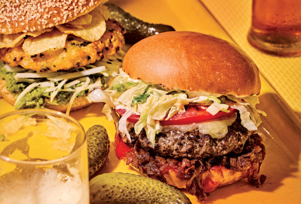  Cod Burgers with Green Pea Hummus, Kohlrabi Slaw & Potato Chips