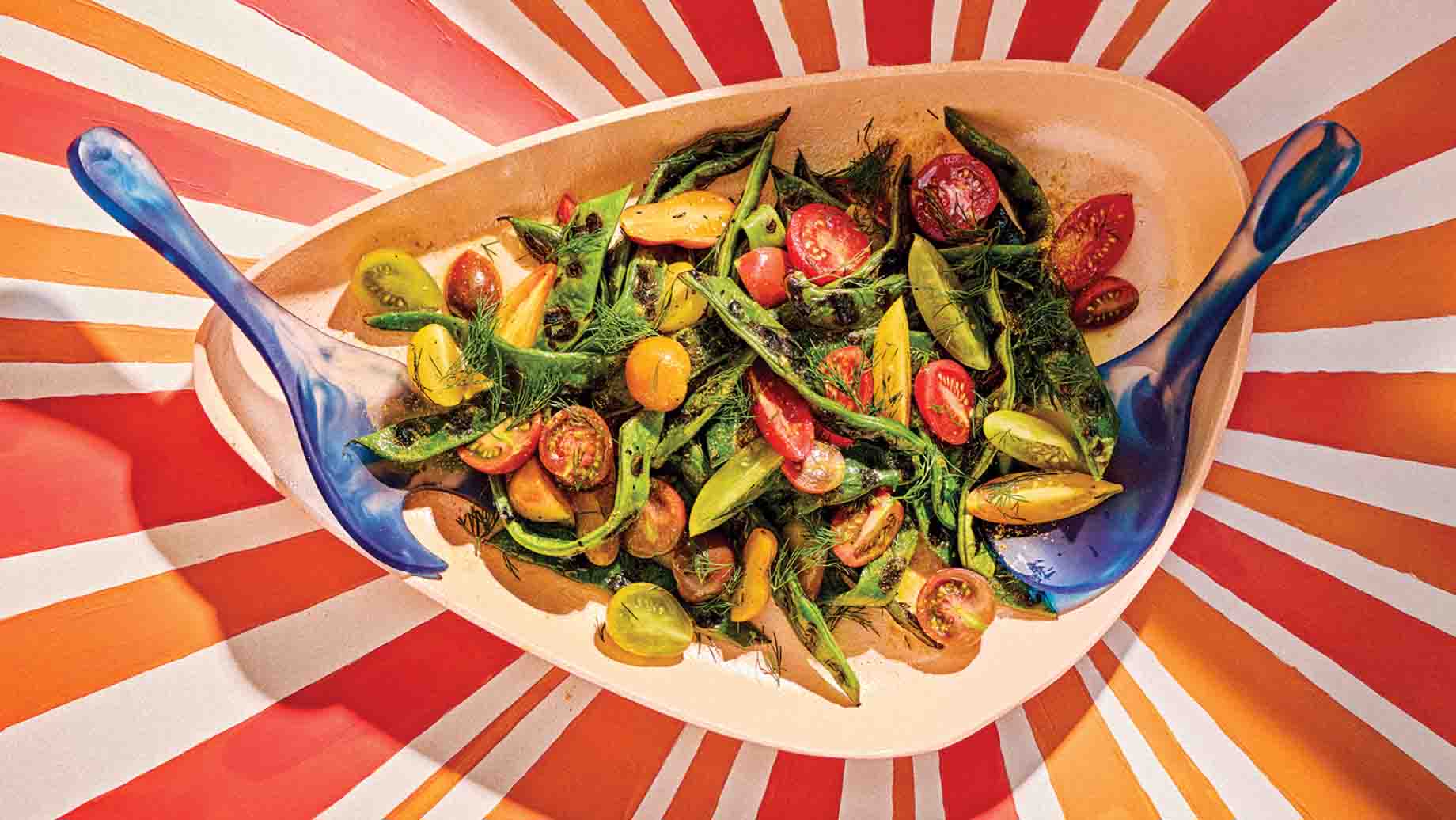 Blistered pole beans and tomatoes with chicken salt
