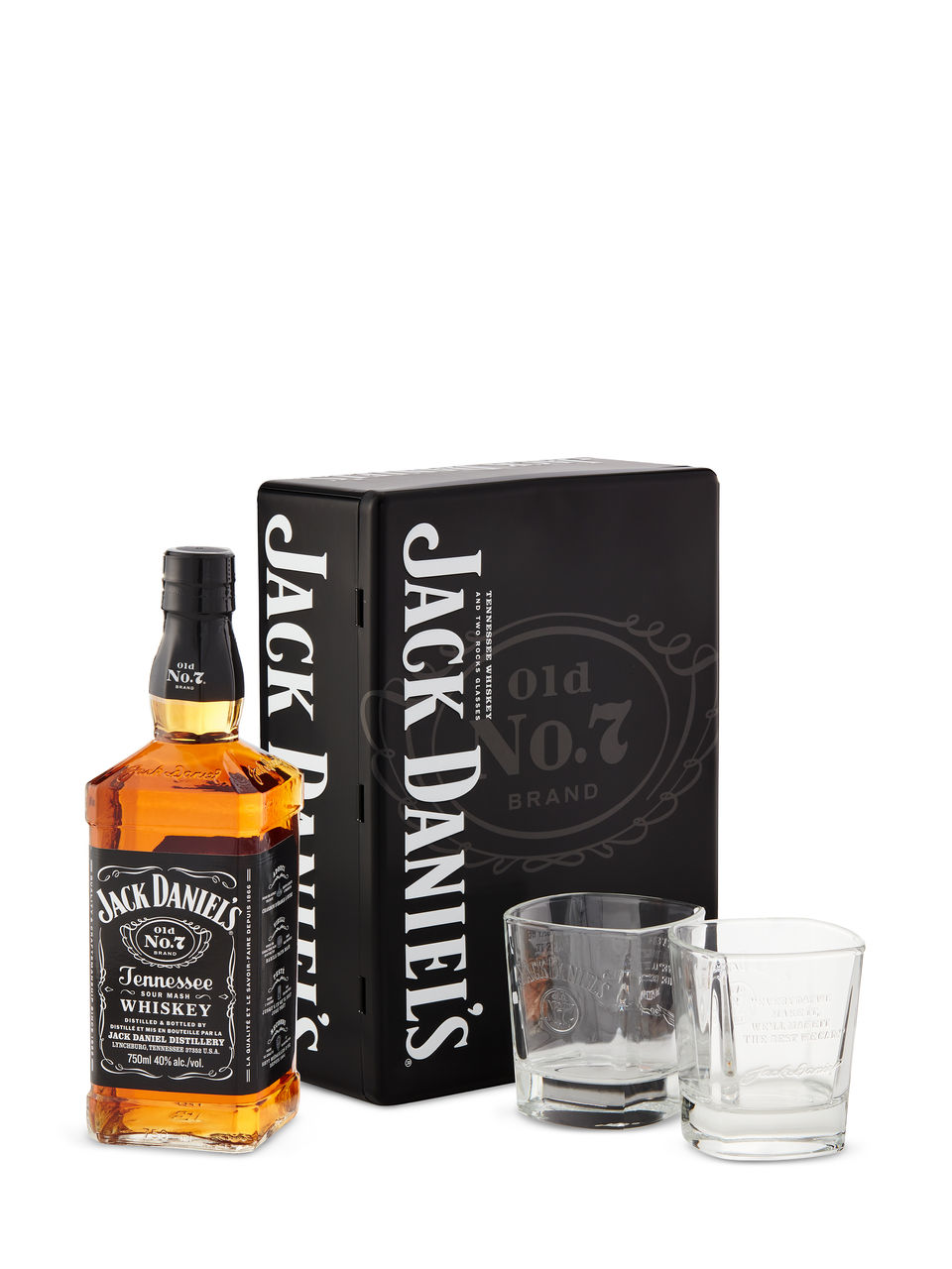 Whiskey du Tennessee Jack Daniel's dans un coffret métallique avec 2 verres