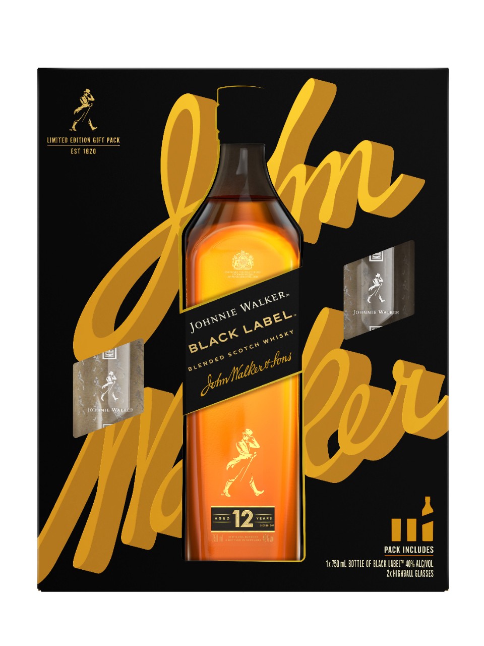 Ensemble-cadeau Whisky écossais Johnnie Walker Black avec verres